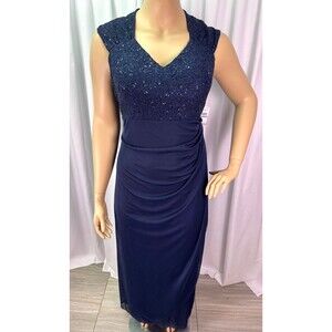 Alex Evenings Navy Sequin Lace Bodice Chiffon Gown Dress Size 18 NWT Formal